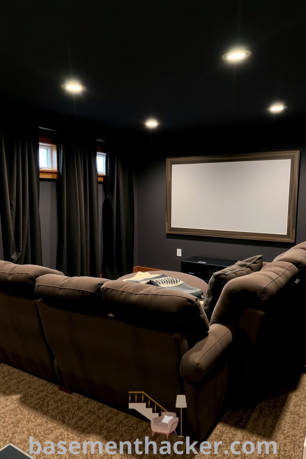 Cozy basement home cinema with dark curtains, an overstuffed couch, and soft lighting, designed for ultimate entertaining and innovative ideas for designing, featured on basementhacker.com.