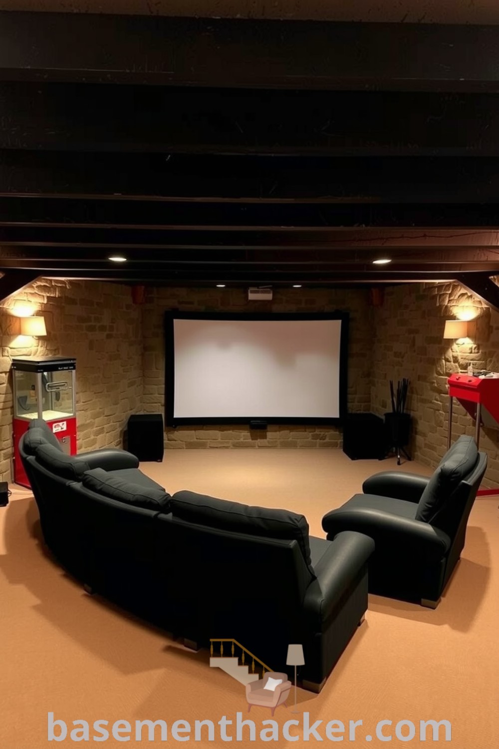 Inviting basement movie room featuring plush seating arranged around a large screen, vintage lighting, and rustic decor, perfect for cozy movie nights and designed for ultimate entertaining, detailed on basementhacker.com.