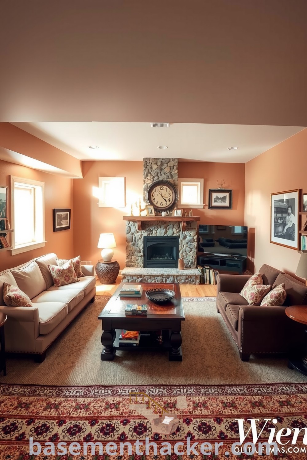 Cozy basement living room featuring a plush oversized couch, rustic wooden coffee table, and textured stone fireplace, designed for stylish and functional home use, highlighted on basementhacker.com.
