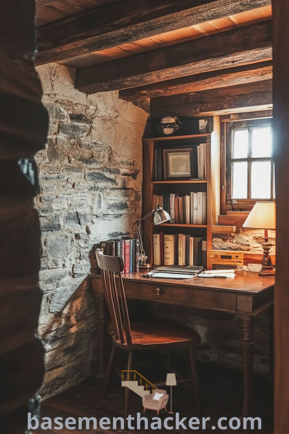 Cozy basement office with exposed wooden beams, rugged stone walls, a cluttered wooden desk, and a vintage lamp, designed for a stylish and functional home, featured on basementhacker.com.