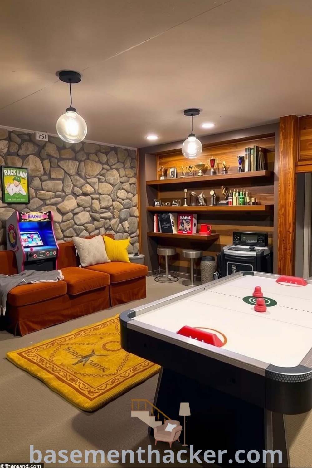 Inviting basement game room featuring a plush couch, stone walls, arcade machines, and air hockey table, ideal for family bonding and fun experiences, highlighted with innovative basement makeover ideas for ultimate entertaining on basementhacker.com.
