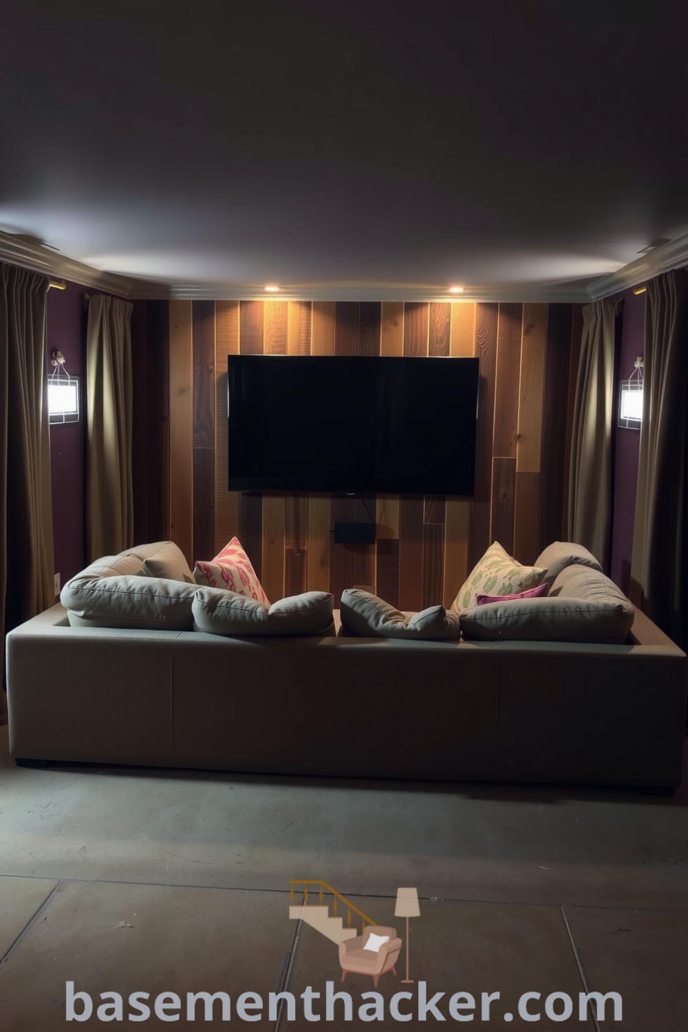 Inviting basement cinema featuring a plush oversized couch, large screen, rustic wood panels, dim lighting, and colorful throw pillows, ideal for ultimate entertaining and stylish bonus room design ideas for families showcased on basementhacker.com.