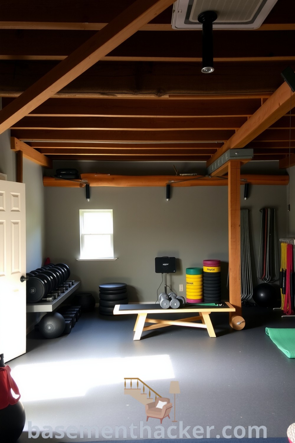 Inviting basement gym featuring exposed wooden beams, warm gray walls, metal free weights, and wooden bench, with yoga mats in a sunlit corner, showcasing innovative ideas for designing a cozy and organized home, featured on basementhacker.com.