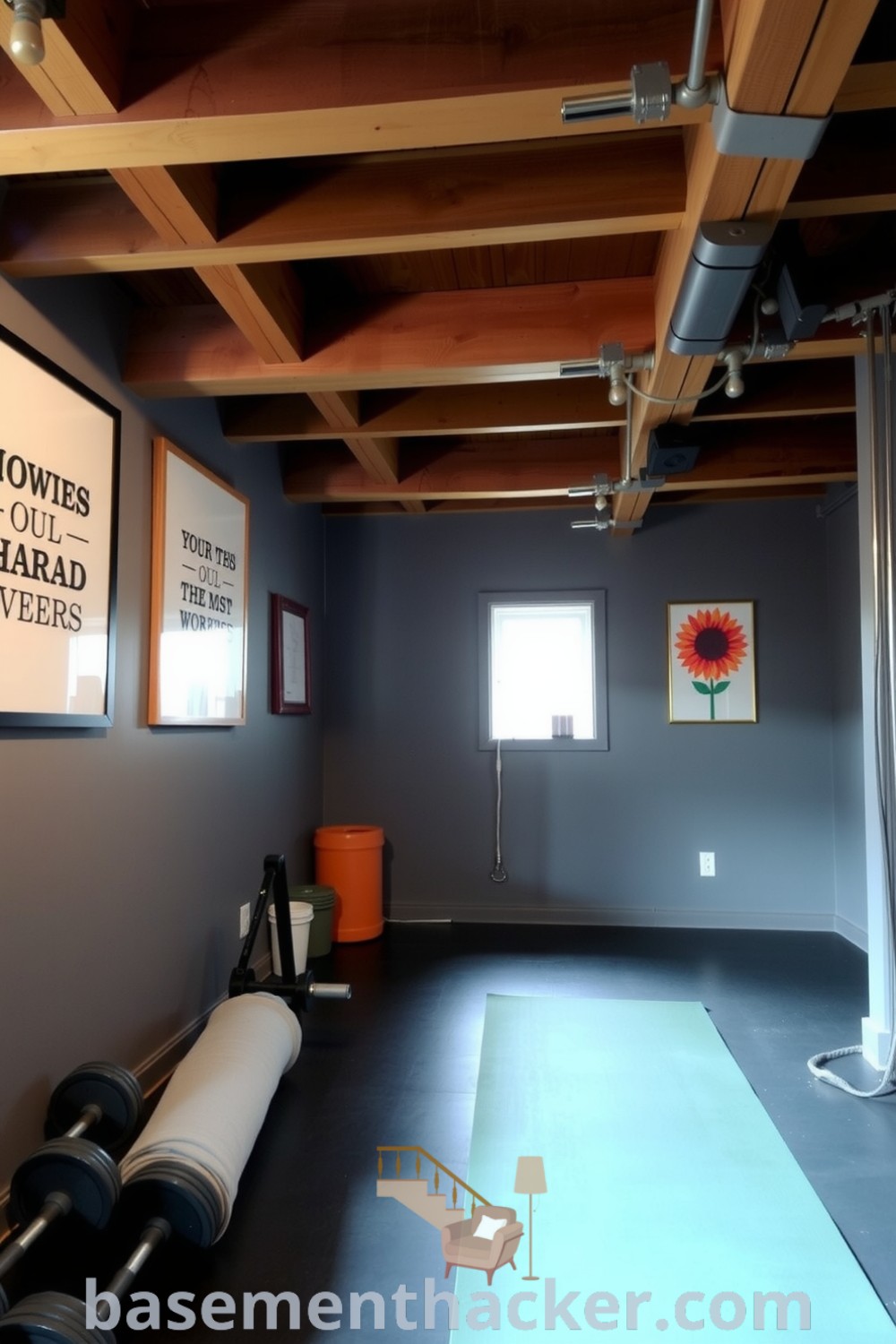 Inviting basement gym with rustic wooden beams, gray walls, motivational art, rubber flooring, weights, and a yoga mat designed for a stylish and functional home, featured on basementhacker.com.