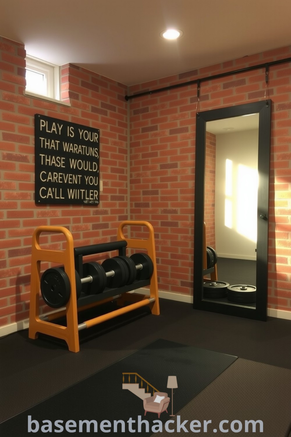 Home gym corner with free weights on a wooden rack, exposed brick walls, motivational quotes, and an exercise mat, ideal for designing a stylish and functional home space, featured on basementhacker.com.