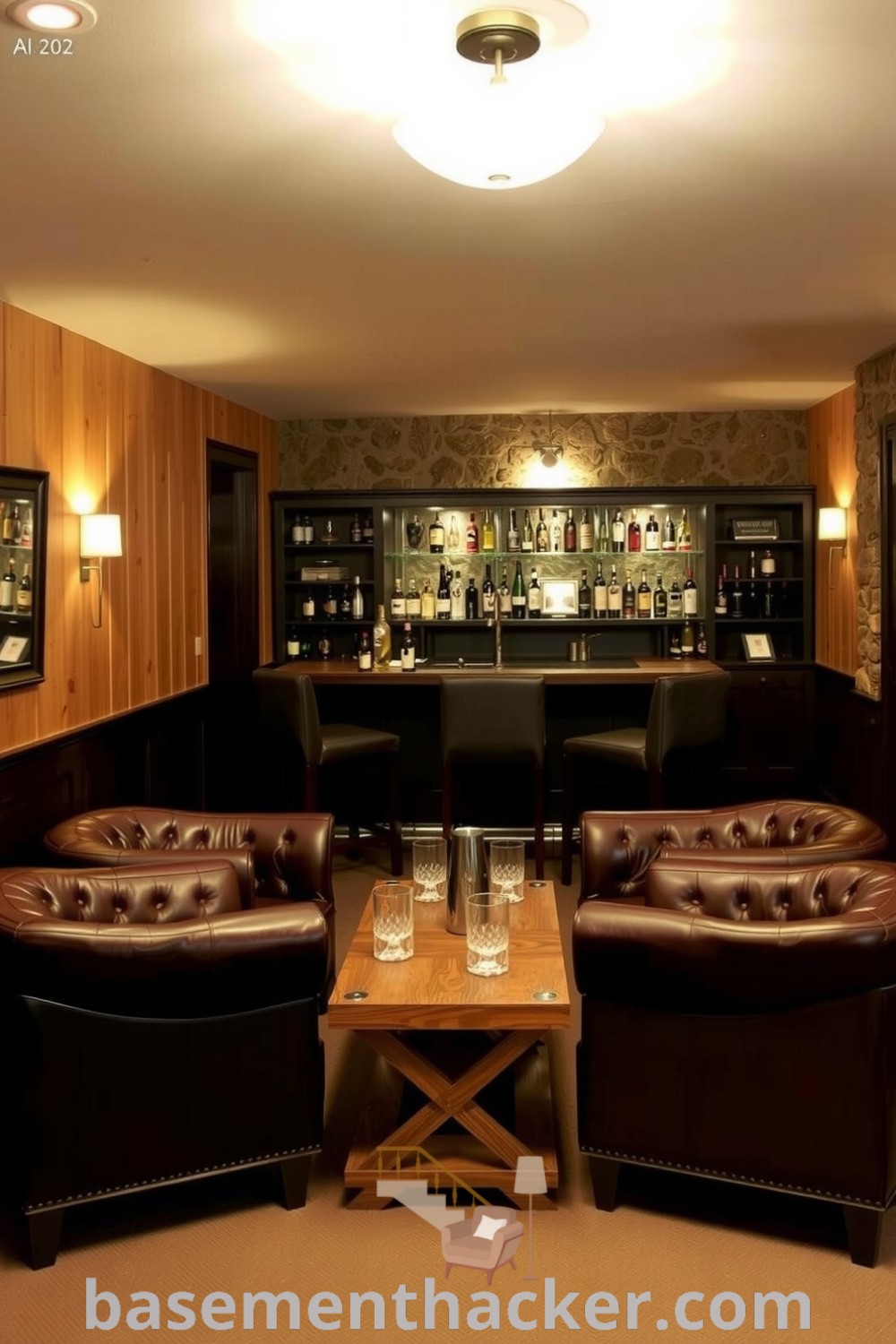 Inviting basement whiskey lounge with warm lighting, aged wooden panels, leather armchairs, and a well-stocked bar for elegant entertaining, featured on basementhacker.com.