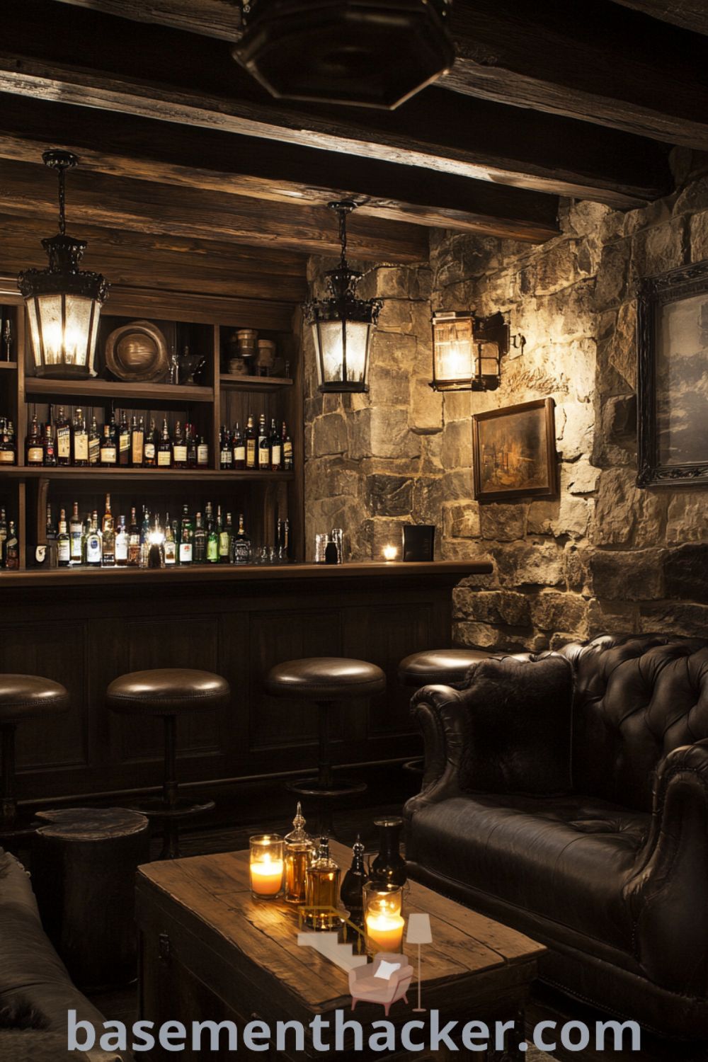 Basement whiskey lounge bar featuring rich wood paneling, rustic stone walls, plush leather seating, and flickering lanterns, perfect for intimate gatherings and entertaining, highlighted on basementhacker.com.