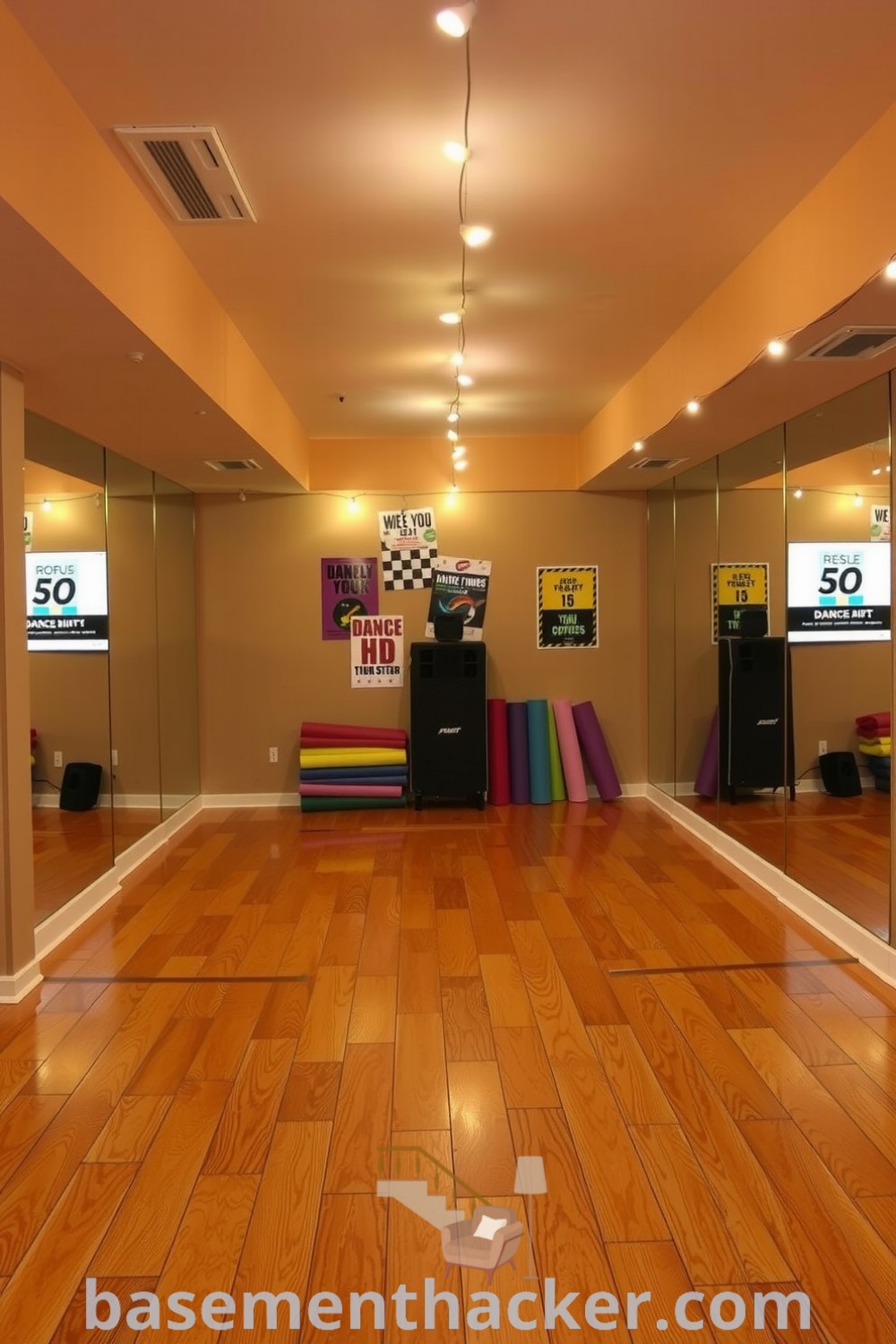 Cozy dance fitness basement studio with mirrored walls, string lights, and a wooden floor, featuring motivational posters and colorful exercise mats, perfect for workouts or group classes, on basementhacker.com.