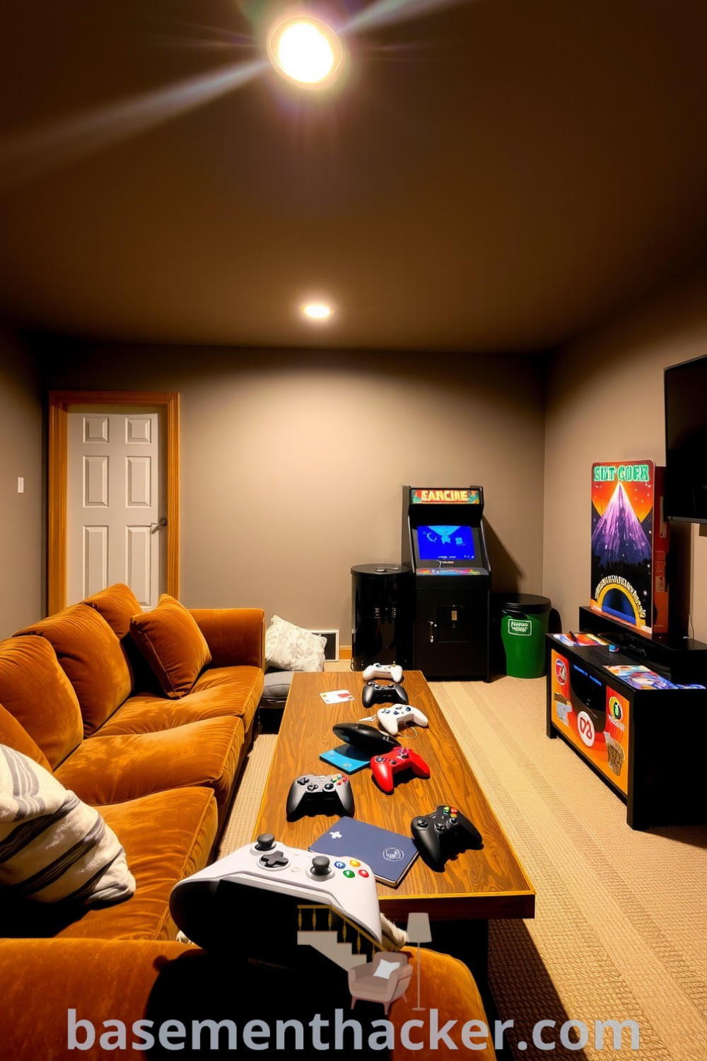 Inviting basement game room featuring a plush couch, rustic coffee table with snacks, vintage arcade cabinet, and ambient lighting, showcasing innovative ideas for a stylish bonus space, presented on basementhacker.com.