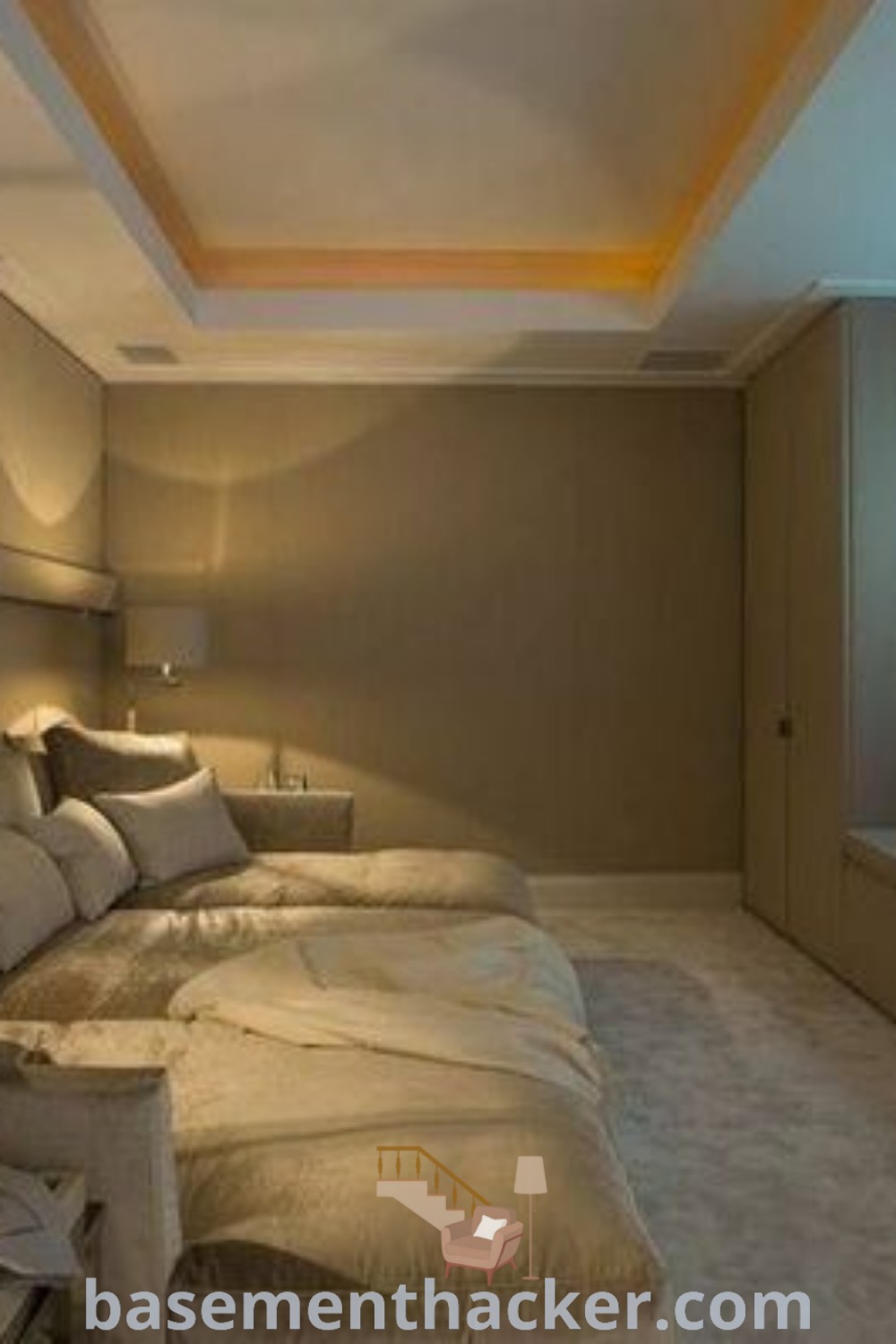 A beautifully decorated basement home theater with plenty of furniture, a flat-screen TV mounted to the wall, showcasing innovative ideas for designing stylish and functional spaces. Perfect for family entertainment, this home cinema room offers an organized environment for the ultimate movie night experience. Discover more at basementhacker.com.