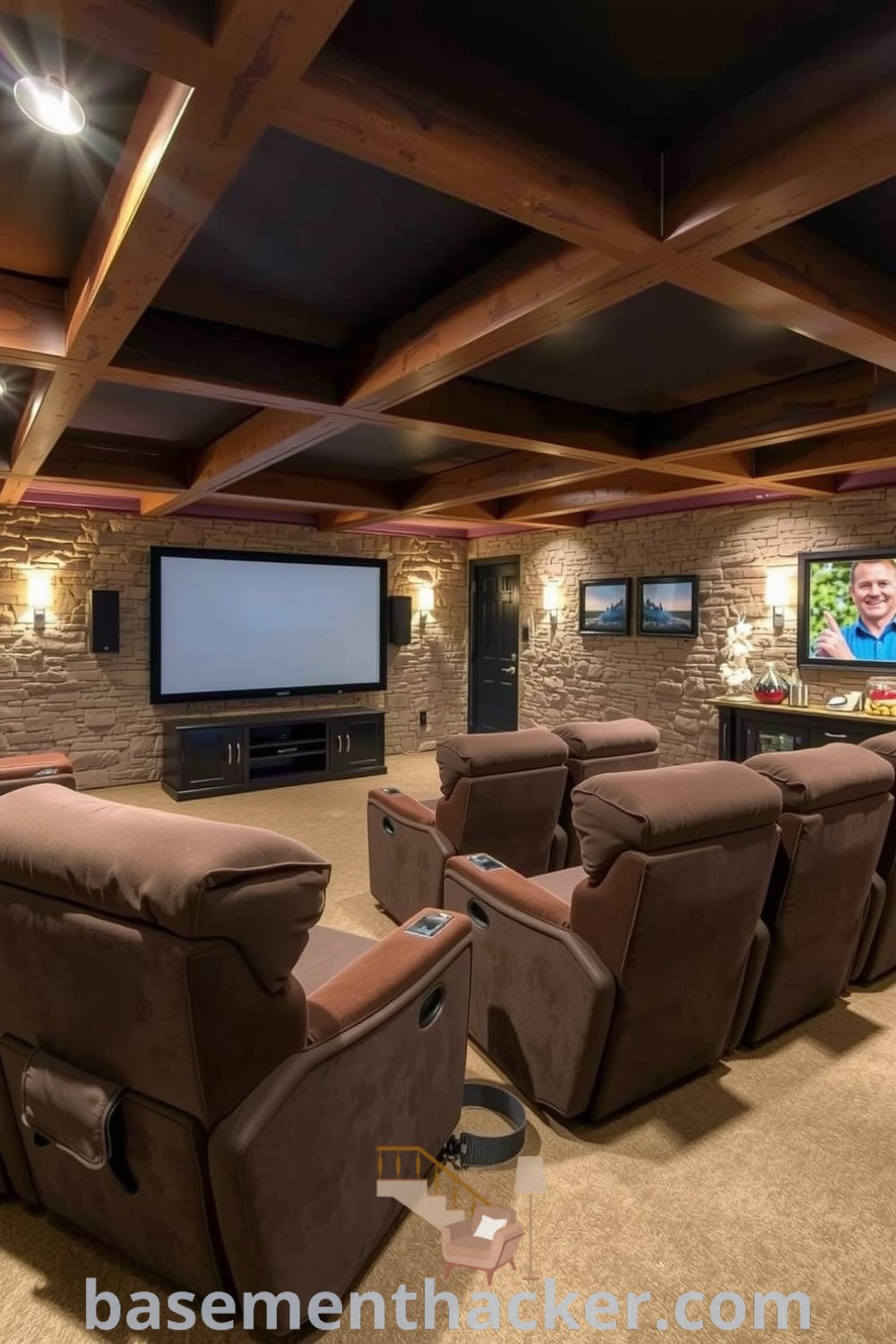 Cozy basement movie room with oversized recliners, rustic exposed beams, and stone walls, featuring ambient lighting and a snack bar for ultimate entertaining, shown on basementhacker.com.