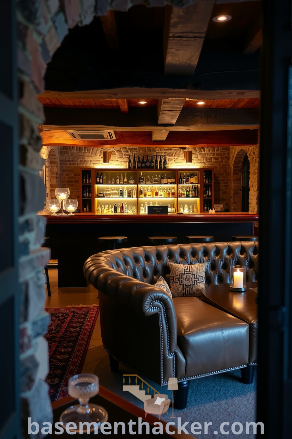 Luxurious basement whiskey lounge featuring exposed stone walls, wooden beams, leather couch, and crystal decanters, ideal for a stylish and cozy bonus space, featured on basementhacker.com.