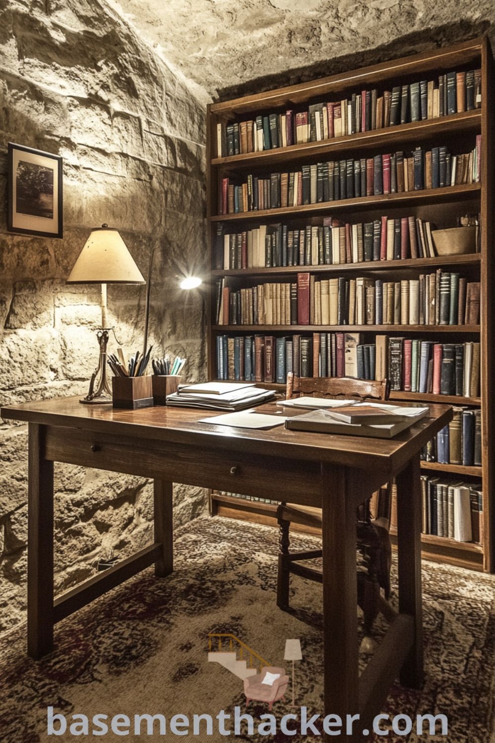 Classic basement office with wooden shelves, an aged desk and lamp, textured carpet for comfort, showcasing innovative ideas for a stylish and functional home design on basementhacker.com.