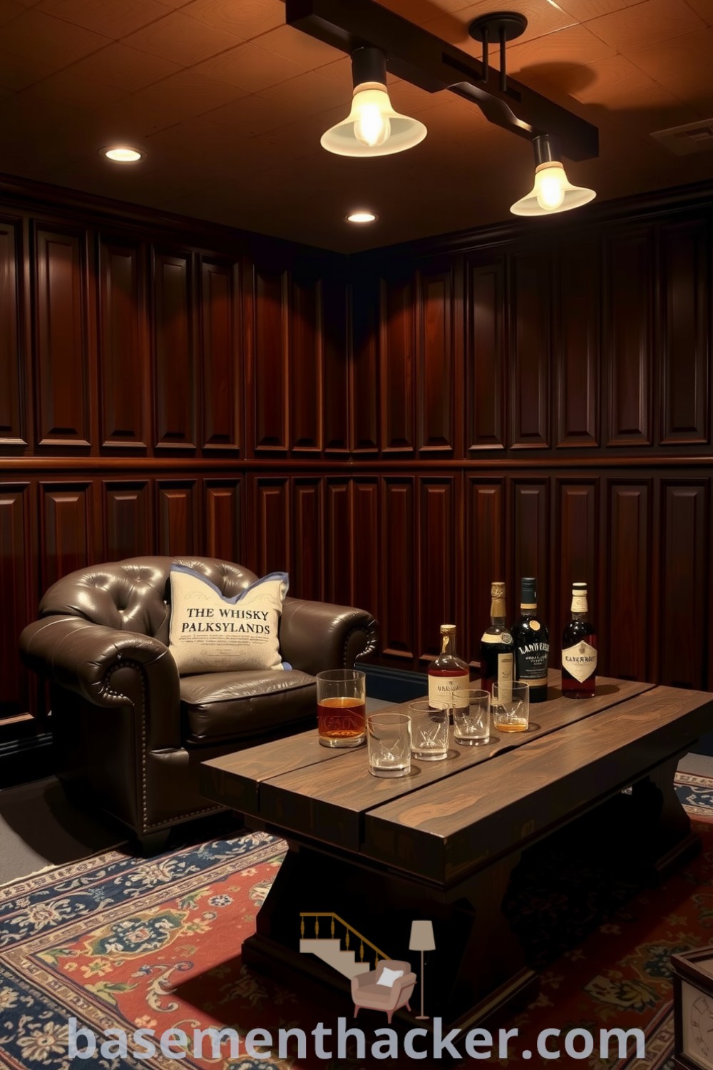 Charming basement whiskey lounge featuring mahogany paneling, leather armchair, and whiskey glasses on an oak table, perfect for a cozy and organized home, showcased on basementhacker.com.