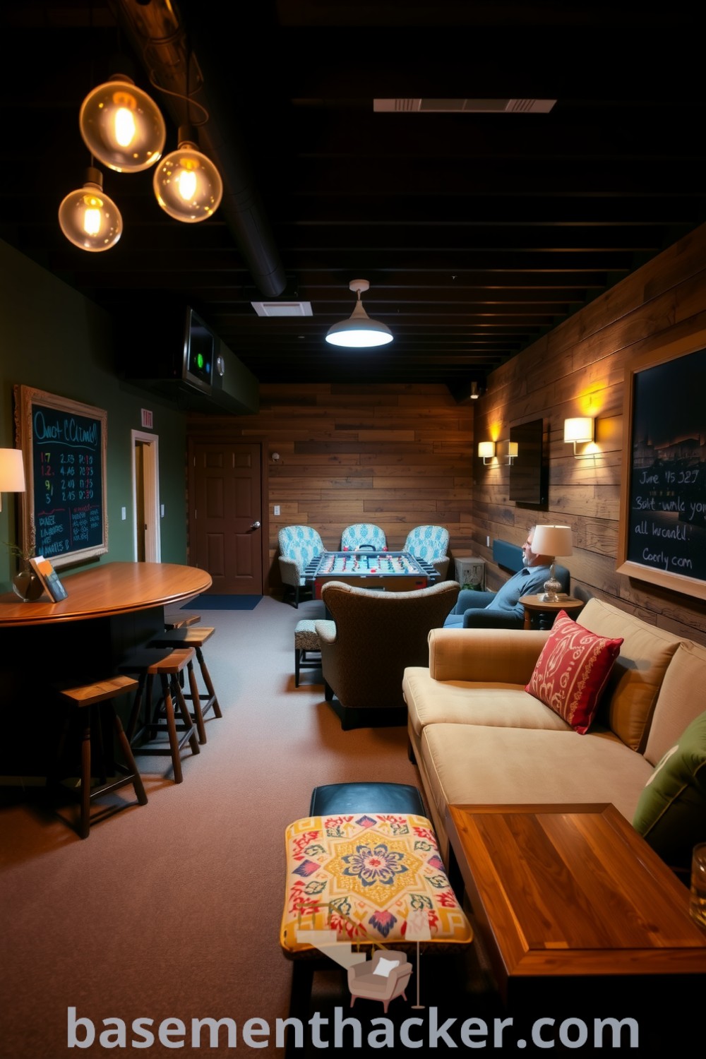 Warm and inviting basement bar nook featuring a wooden bar table, mismatched stools, plush seating, vintage lighting, and a chalkboard for game scores, designed for ultimate entertaining on basementhacker.com.