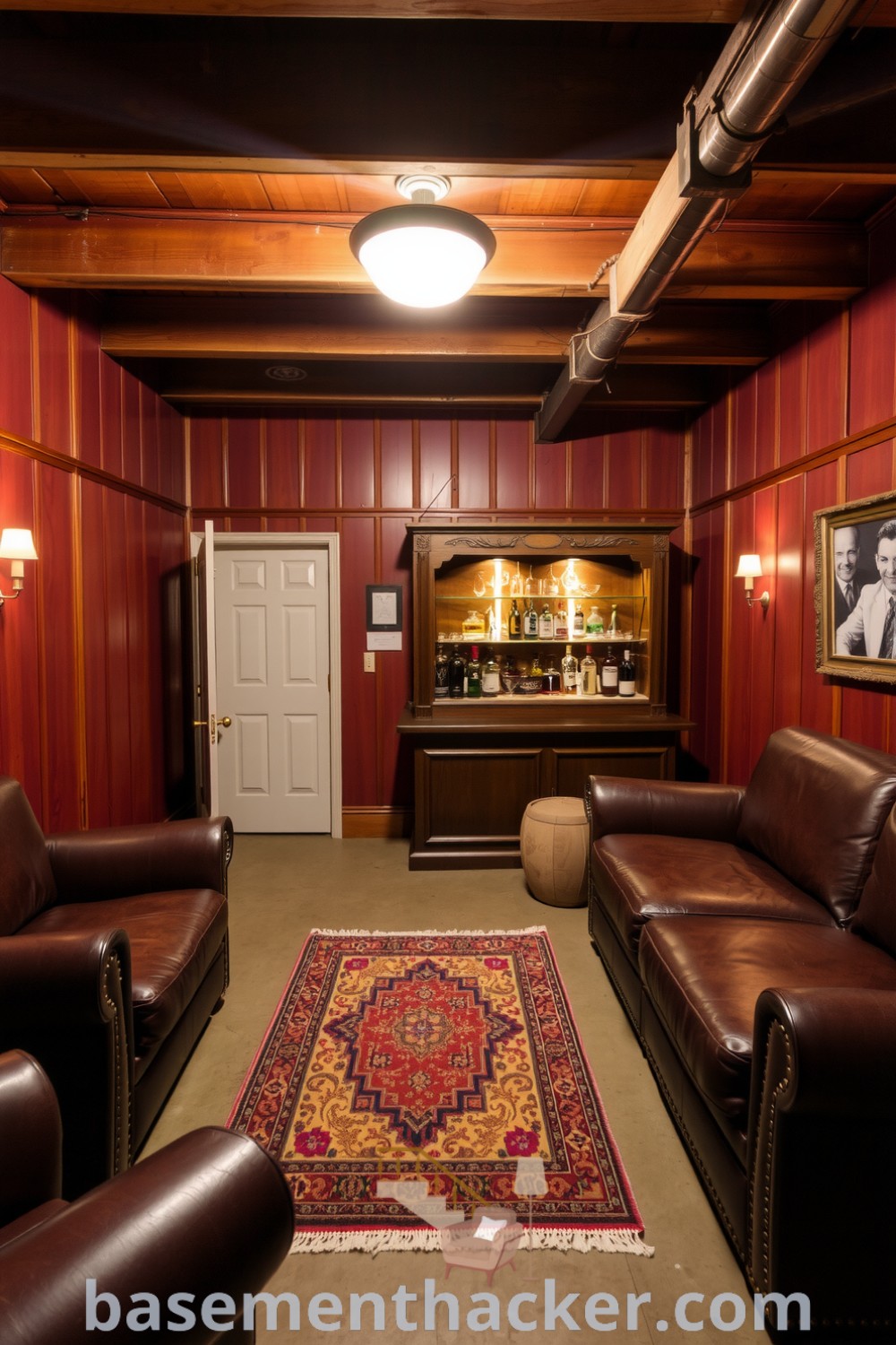 Intimate basement whiskey lounge featuring rich wooden paneling, plush leather seating, an antique bar with whiskey bottles, and a vintage rug for a cozy retreat, showcased on basementhacker.com.