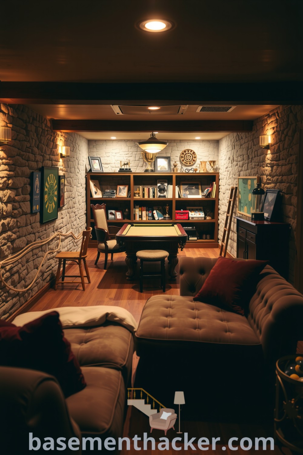 Inviting basement game room featuring a plush oversized couch, antique billiards table, and eclectic decor for a cozy and functional family gathering space, presented on basementhacker.com.