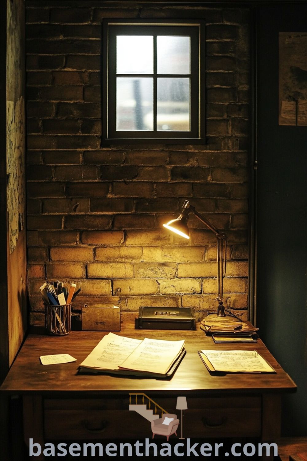 Cozy basement office with a wooden desk, warm desk lamp, exposed brick walls, and a high window, designed for concentration and creativity, featured on basementhacker.com.