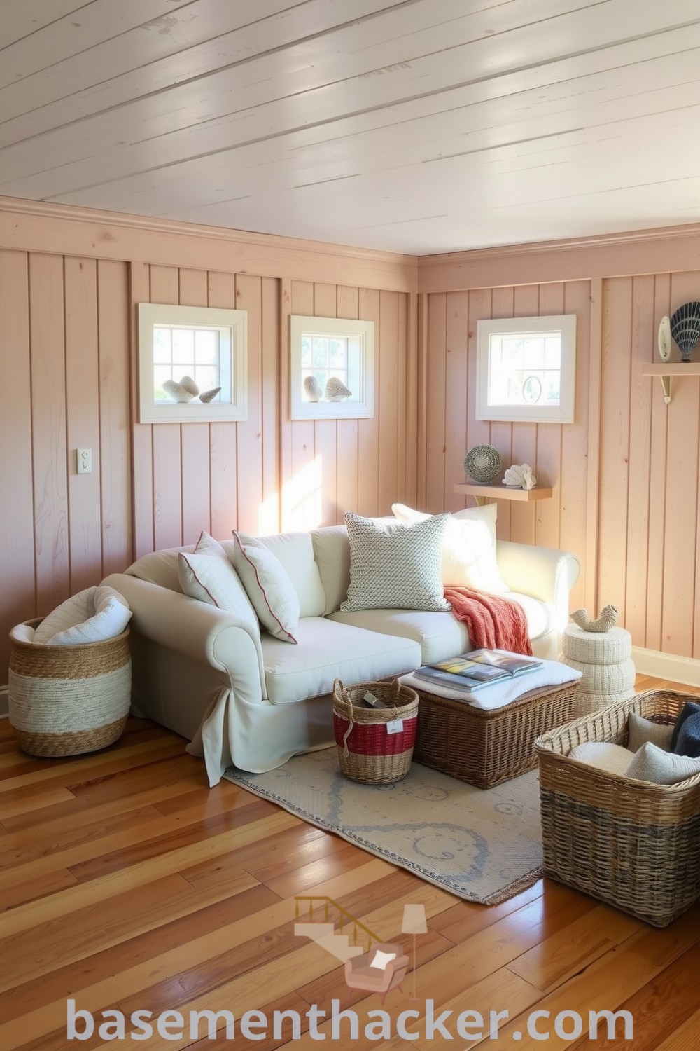 Coastal basement living room featuring weathered wood paneling, a linen sofa, and woven baskets, illuminated by natural light, showcasing innovative ideas for a stylish bonus space on basementhacker.com.