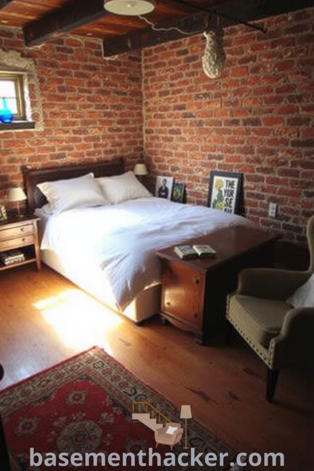 Inviting basement guest room featuring a plush queen-sized bed, exposed brick walls, wooden nightstand with a lamp, vintage rug, and cozy armchair, perfect for a stylish and functional home design, showcased on basementhacker.com.