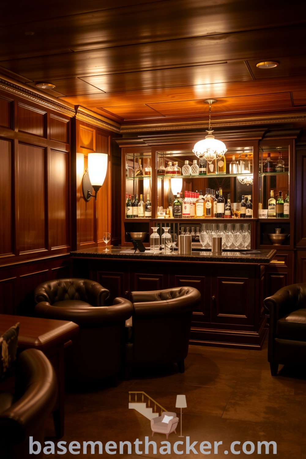 Rustic basement whiskey lounge featuring mahogany paneling, polished concrete floors, leather armchairs, and a hand-crafted bar with crystal decanters, perfect for ultimate entertaining and stylish home design ideas showcased on basementhacker.com.