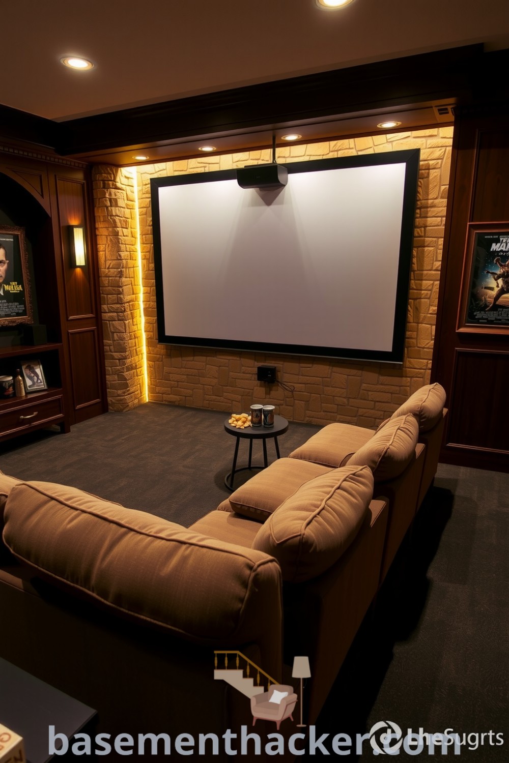 Inviting basement home cinema featuring a plush oversized couch, rich wood paneling, ambient LED lighting, and movie posters for a cozy and stylish entertaining space, showcased on basementhacker.com.