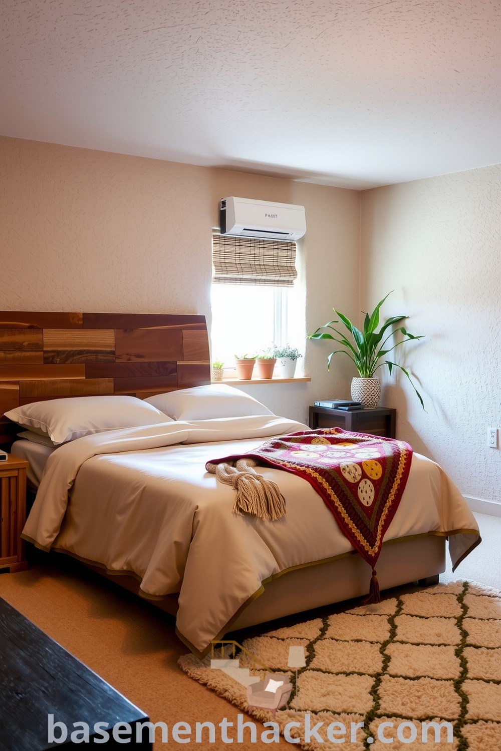 Inviting basement bedroom with soft beige walls, weathered wood headboard, handmade quilt, and plants on the windowsill, ideal for a cozy and stylish bonus space, featured on basementhacker.com.
