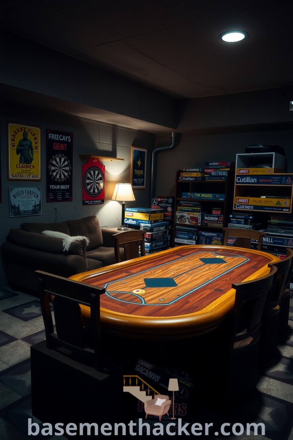 Basement game room featuring a large wooden poker table, mismatched chairs, vintage posters, a leather couch, and warm lighting, ideal for ultimate entertaining, highlighted with innovative basement makeover ideas for a stunning revamp on basementhacker.com.