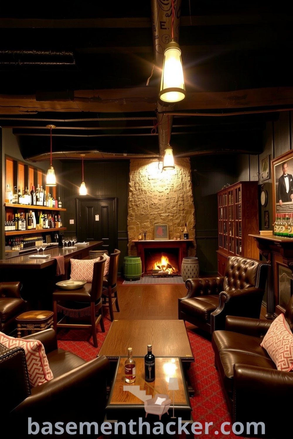 Warm whiskey lounge in a basement featuring wooden beams, stone walls, plush leather armchairs, a rustic coffee table, and a fireplace for cozy gatherings, highlighted with innovative ideas for designing on basementhacker.com.