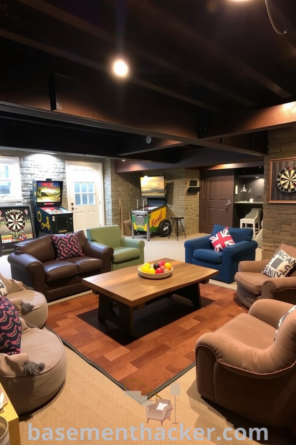 Cozy basement game room featuring wooden coffee table, bean bags, mismatched chairs, vintage pinball machine, and dartboard, highlighted by warm lighting for ultimate entertaining, designed with innovative ideas for a stylish bonus space, showcased on basementhacker.com.