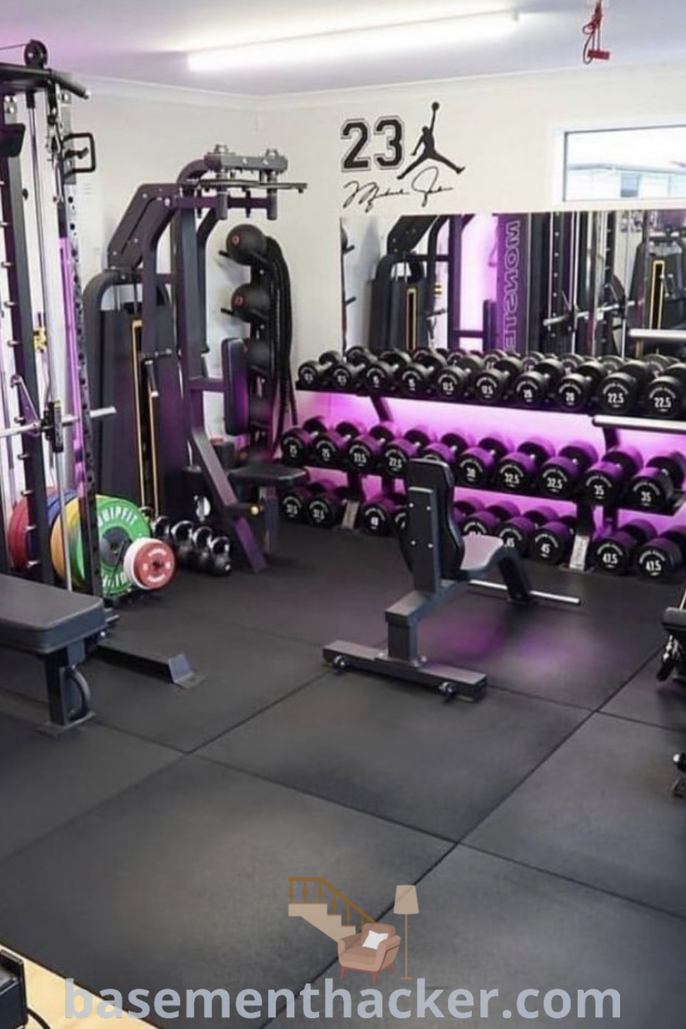 A modern basement gym equipped with a variety of fitness equipment and stylish decoration, promoting a cozy and organized workout space. Discover innovative ideas for designing your personal gym at basementhacker.com.