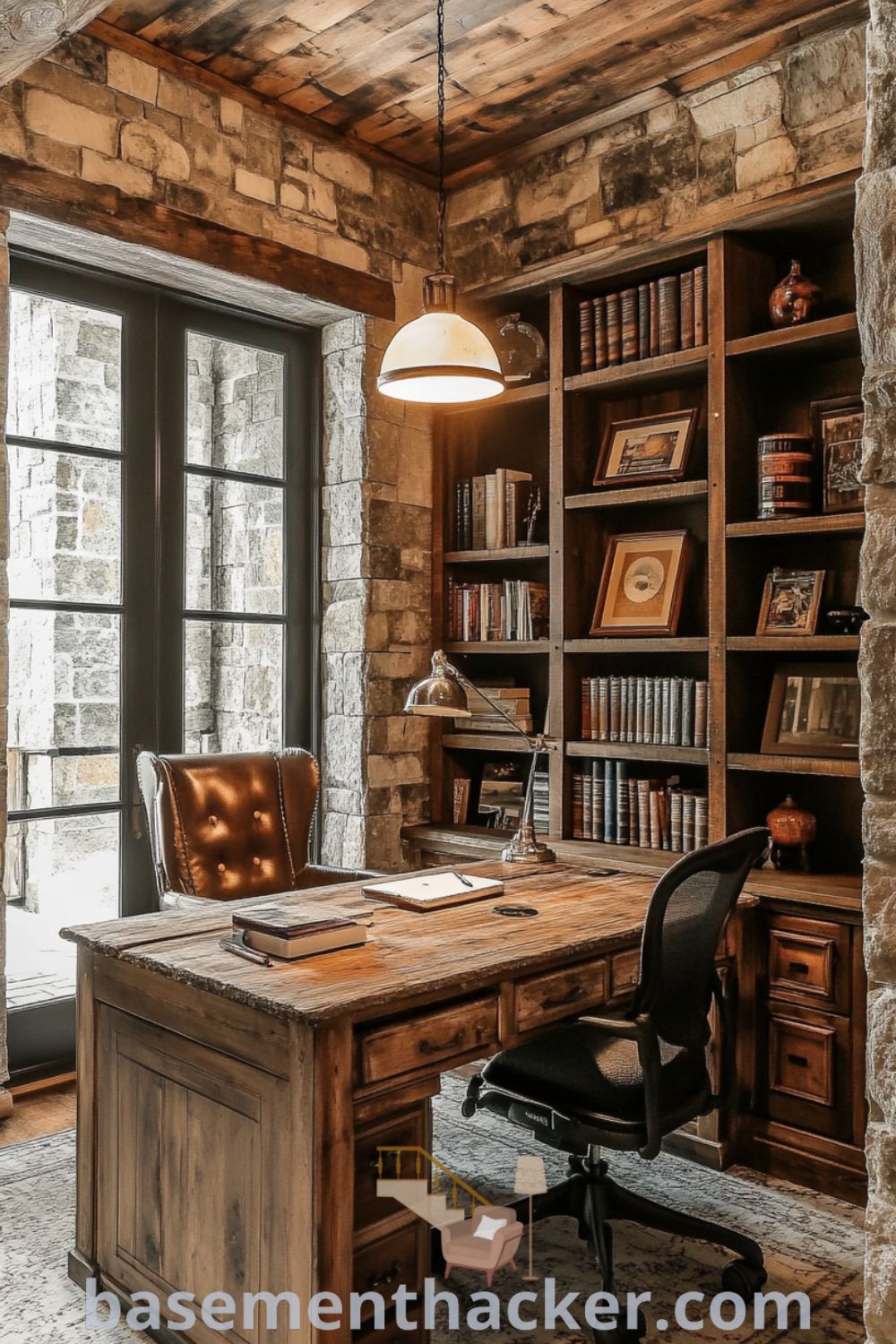 Warm and inviting basement office with a rustic wooden desk, vintage lamps, reclaimed wood shelves filled with books, and textured stone walls, featuring innovative ideas for designing a cozy and organized home workspace on basementhacker.com.