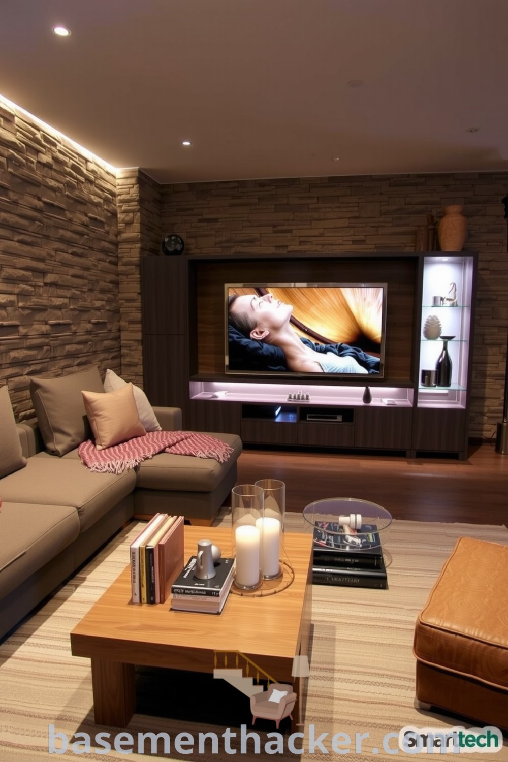 Stylish and cozy basement living room featuring a plush sectional sofa, LED lighting, and a wood coffee table with books and candles, designed for relaxation and conversation, highlighted on basementhacker.com.