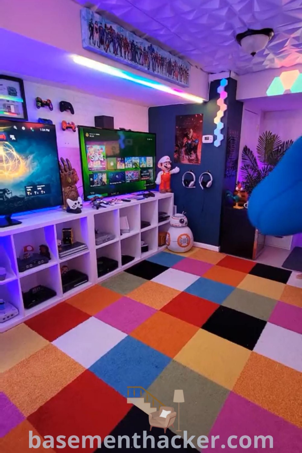 A colorful video game bathroom featuring a rainbow gaming room design with stylish decor and organization tips. Ideal for kids, it