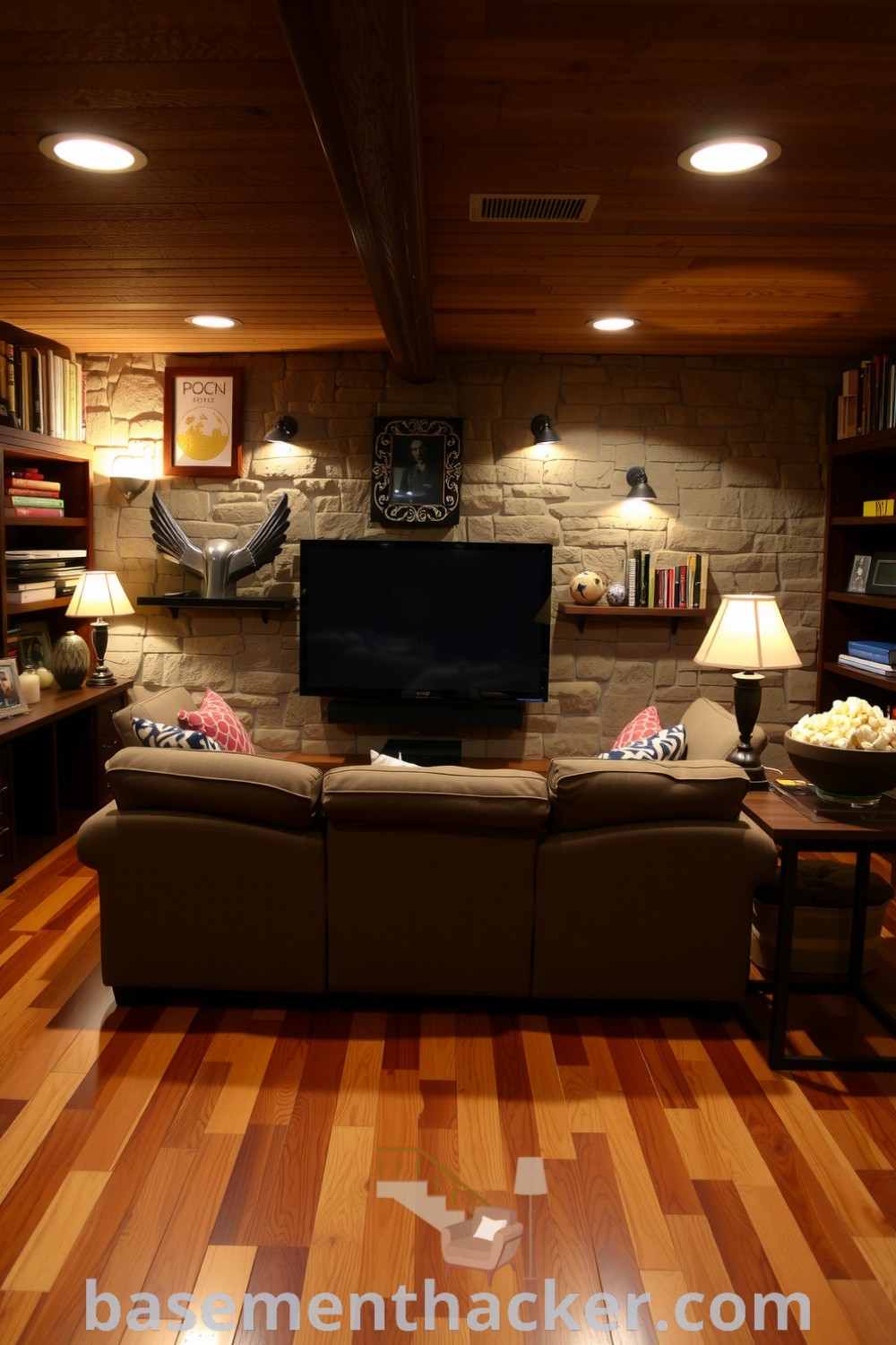 Cozy basement featuring a plush sofa, warm lighting, rustic decor, and a popcorn machine, designed for stylish family gatherings and movie nights, showcased on basementhacker.com.