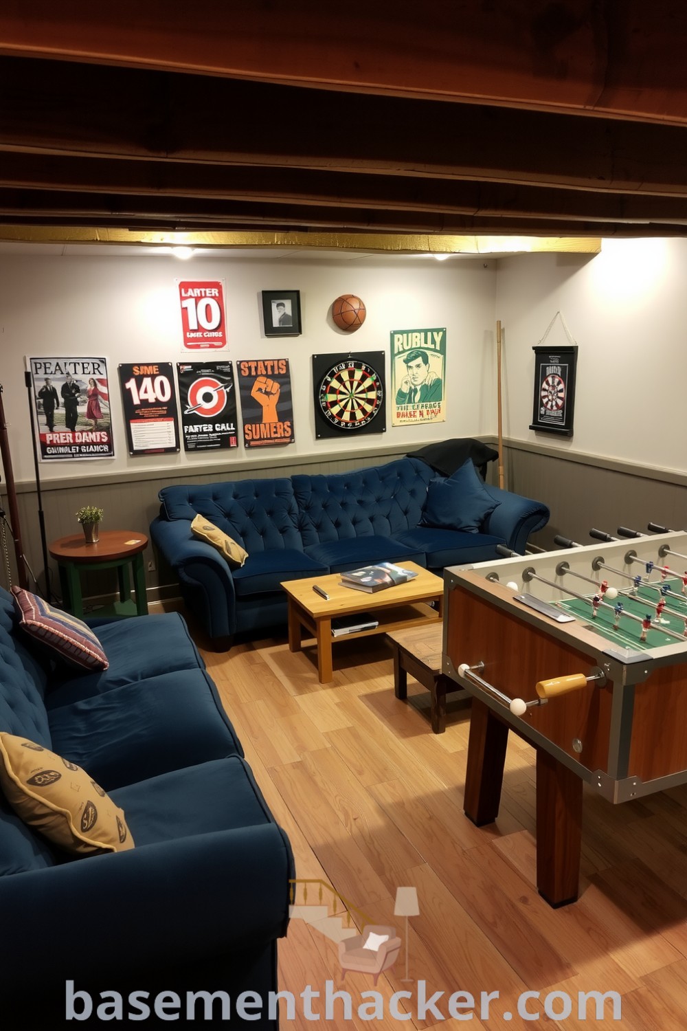 Stylish basement game room featuring a plush deep-blue velvet sofa, rustic wooden coffee table, vintage posters, and a foosball table, designed for ultimate entertaining and family enjoyment, showcased on basementhacker.com.