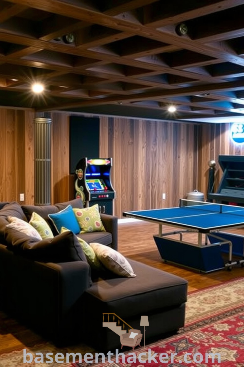 Cozy and inviting basement game room featuring a plush oversized couch, a vintage arcade machine, and a sleek ping-pong table, designed for ultimate entertaining, showcased on basementhacker.com.