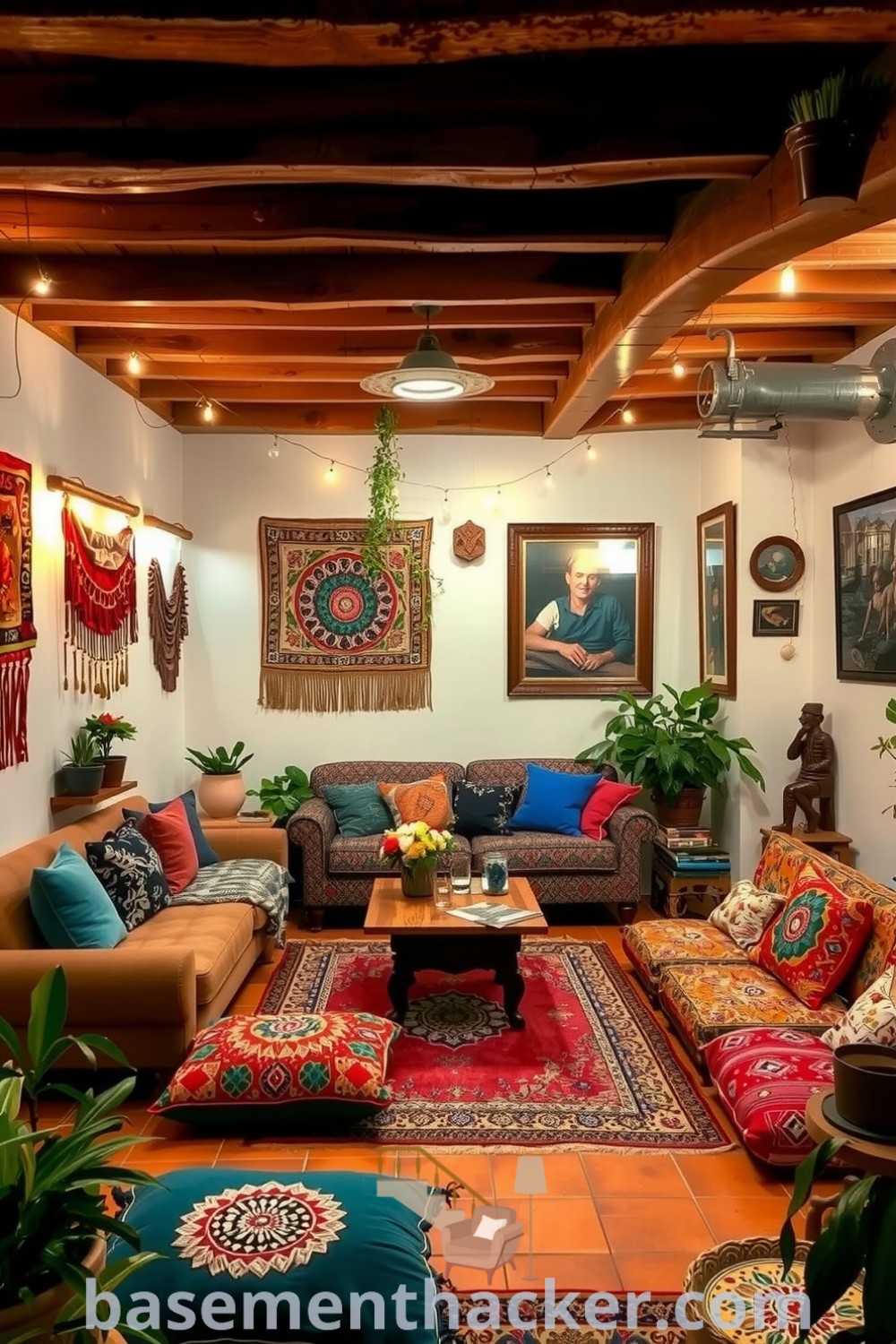 Stylish bohemian basement living room featuring vintage sofas, colorful cushions, woven tapestries, and potted plants, creating an inviting retreat for relaxation and artistic vibes, showcased on basementhacker.com.
