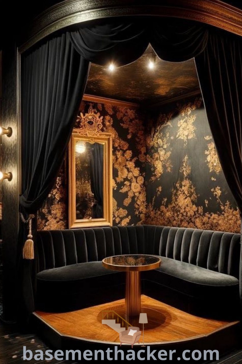 A stylish Vintage Speakeasy Bar design featuring goth aesthetic elements, 1920s decor, and innovative lighting ideas for a cozy entertaining space. This decor blends vintage charm with contemporary functionality, offering stylish design ideas for a stunning basement makeover on basementhacker.com.