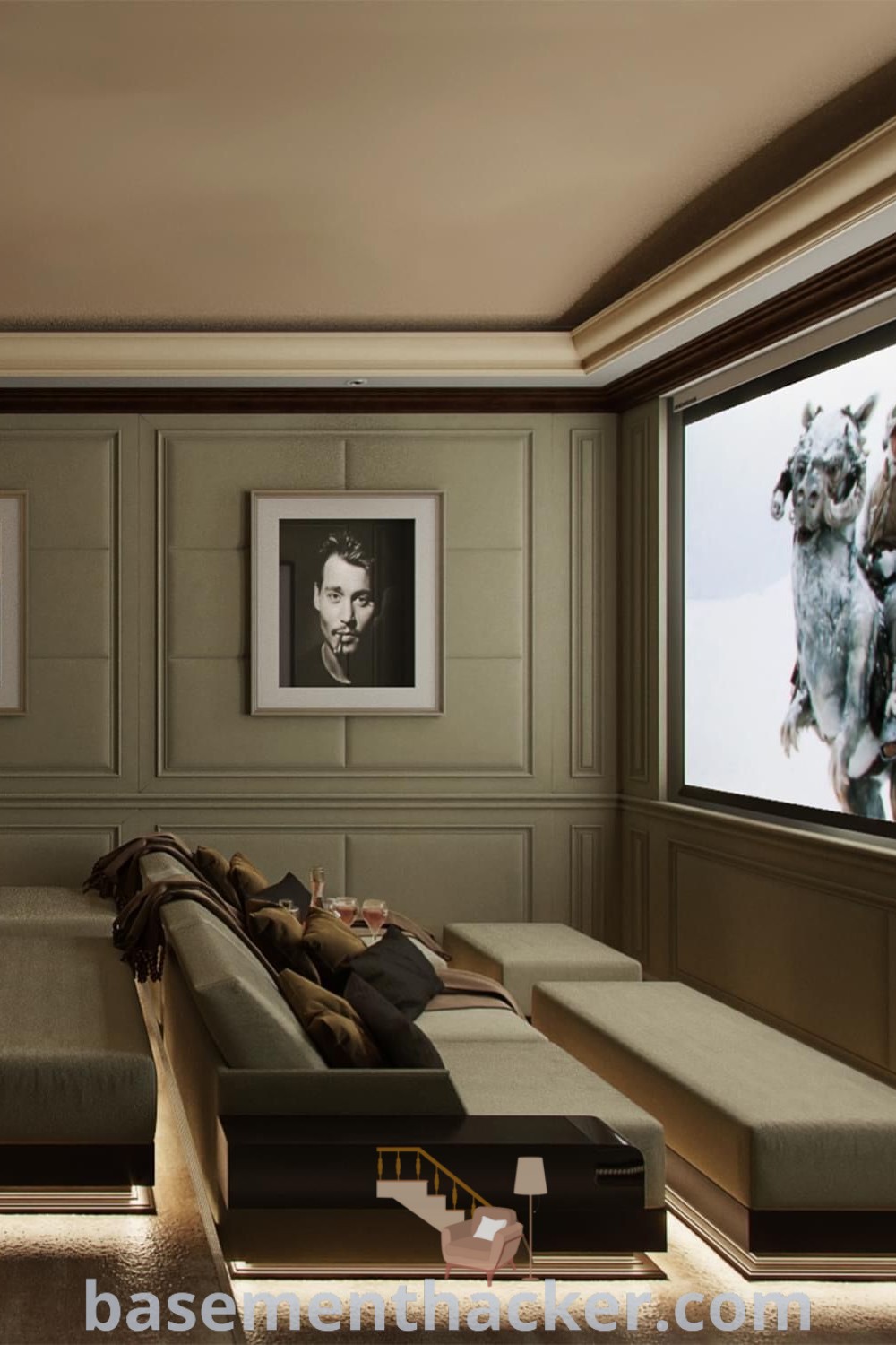 A modern home movie theater living room filled with lots of couches and vibrant pictures, reflecting creative cinema living room ideas and a dark-themed room aesthetic for ultimate entertaining. Discover stylish bonus space design ideas for families at basementhacker.com.