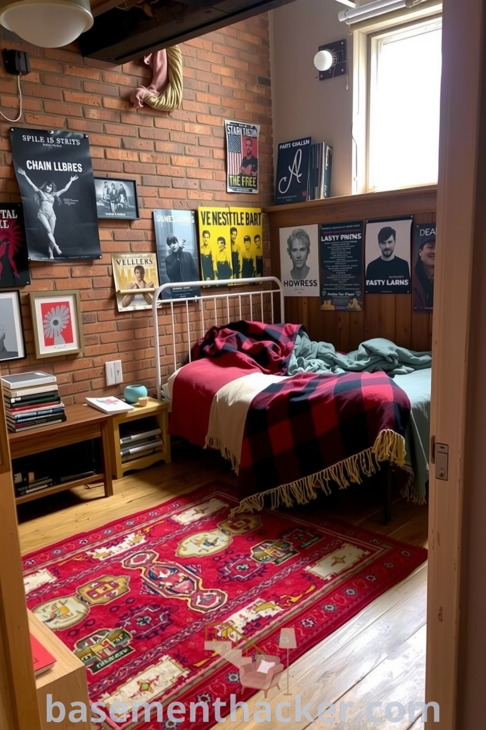 Cozy twin bed in a basement bedroom with mismatched blankets, exposed brick walls, and a wooden nightstand holding books, decorated with posters and a colorful rug, designed for a stylish and functional home, featured on basementhacker.com.