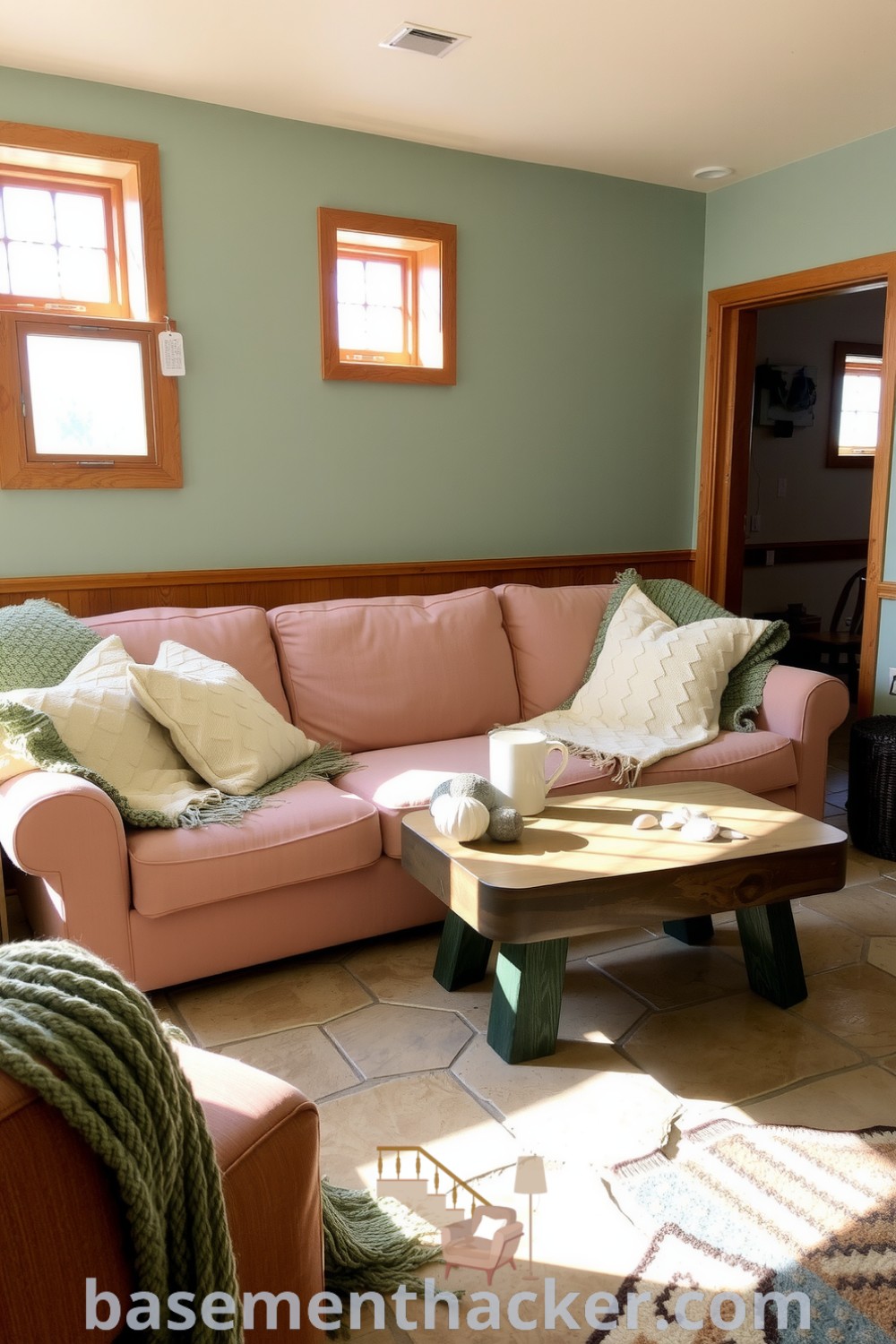 Cozy basement living room with a plush oversized couch, soft seafoam green walls, and weathered wood accents, designed for ultimate entertaining and stylish comfort, featured on basementhacker.com.