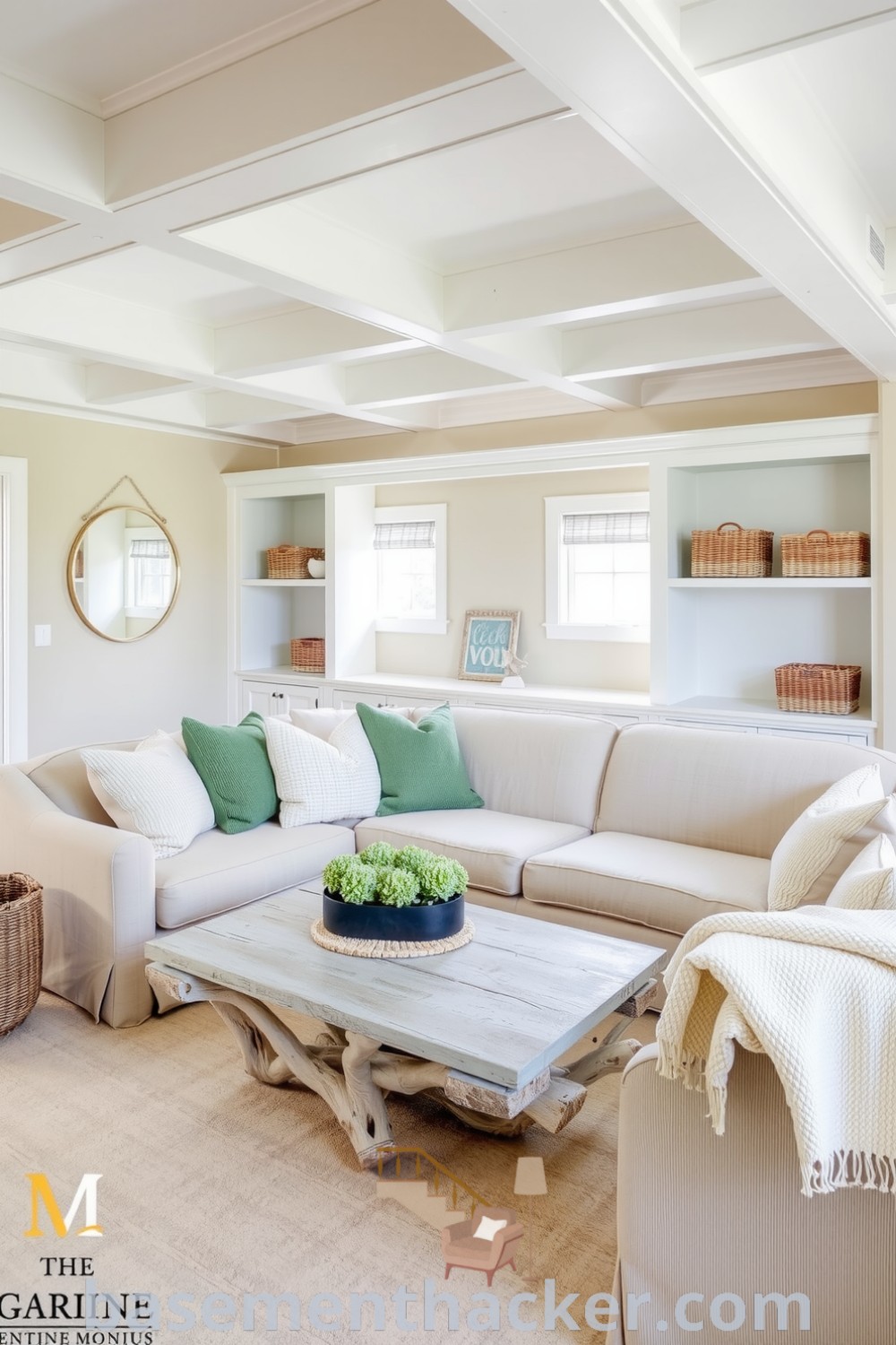 Cozy coastal basement living room with beige walls, oversized sofa with seafoam green cushions, reclaimed driftwood coffee table, and woven baskets for stylish organization, featured on basementhacker.com.