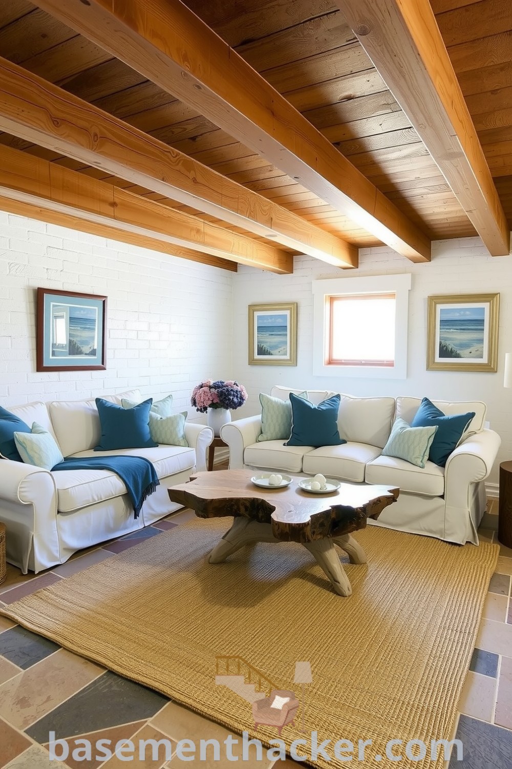Cozy coastal basement living room featuring natural wood beams, an ocean-hued sofa, a driftwood coffee table, and seashell accents, showcasing innovative basement makeover ideas for a stunning revamp on basementhacker.com.