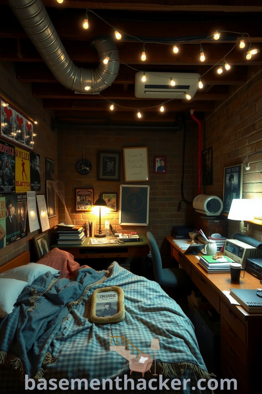 Cozy teen bedroom with frayed bedspread, band posters, exposed brick walls, fairy lights, and a cluttered desk showcasing innovative ideas for a stylish and functional home design on basementhacker.com.