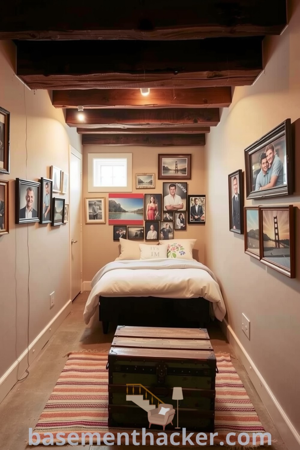 Quaint basement bedroom with exposed wooden beams, soft beige walls, personal photos in mismatched frames, and a thick rug, ideal for innovative basement makeover ideas for a stylish and functional home design, featured on basementhacker.com.