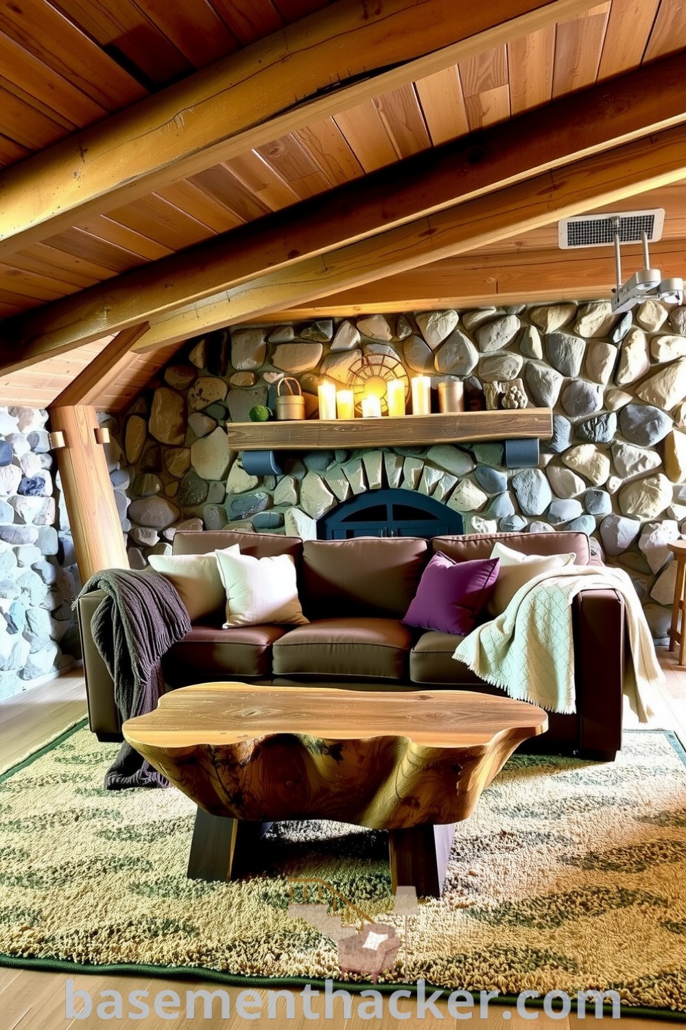 Cozy rustic basement living room featuring wooden beams, exposed stone walls, a comfortable couch, a handmade coffee table, and flickering candles, perfect for ultimate entertaining and stylish bonus space ideas, showcased on basementhacker.com.