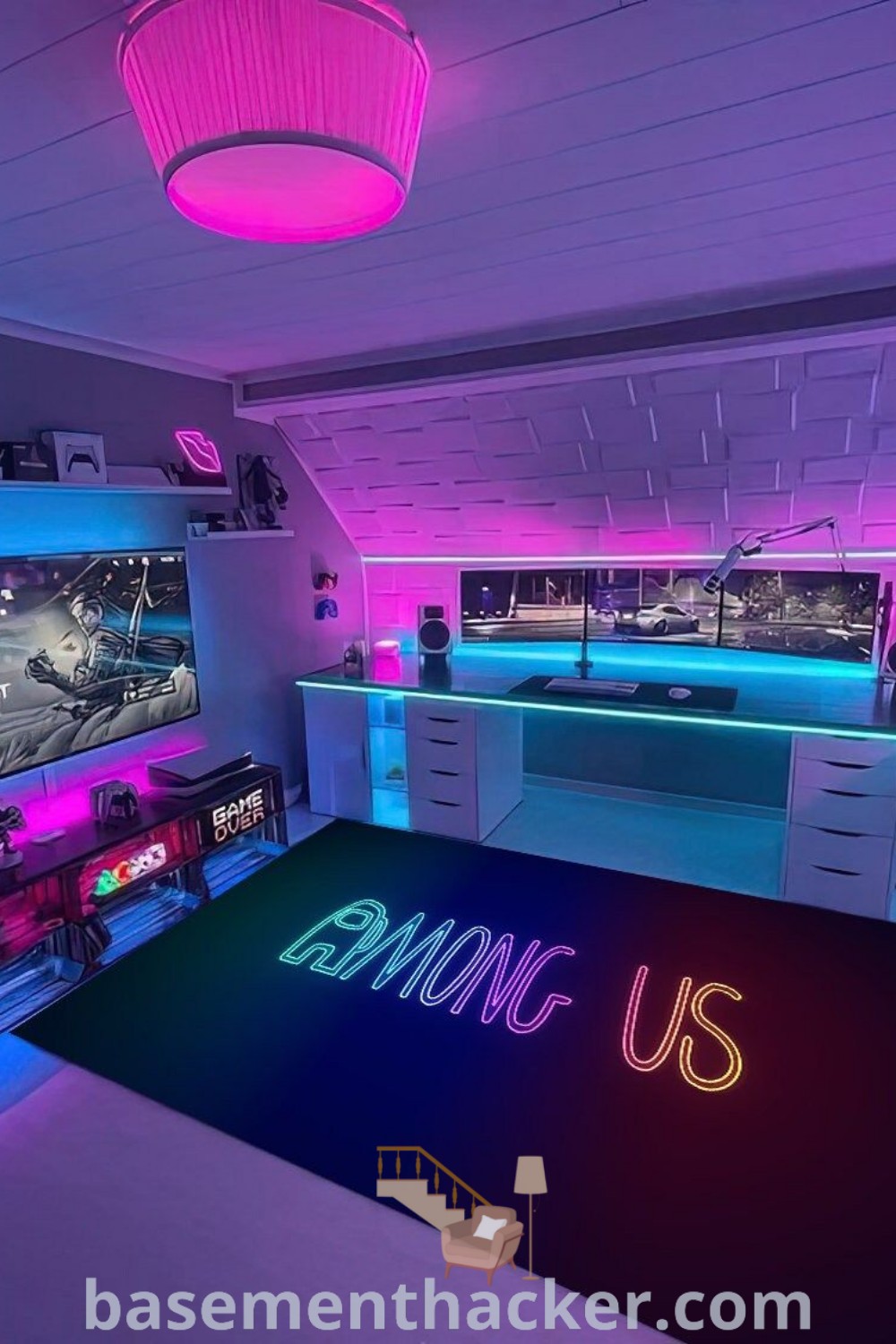 A vibrant gaming room with neon lights, video games on the wall, and a colorful rug that provides comfort and style. This innovative setup, ideal for ultimate entertaining, showcases ideas for a stylish and functional home design for gamers. For more inspiration, visit basementhacker.com.