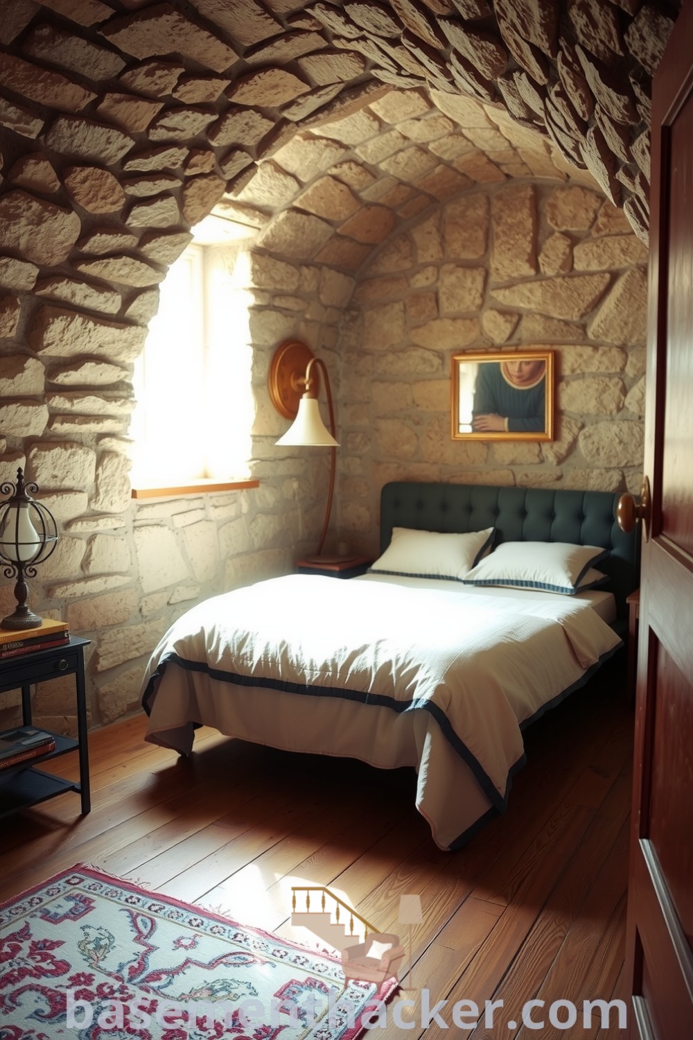 Inviting basement bedroom with stone walls, plush bed, vintage lamp, and colorful rugs, showcasing cozy decor ideas for a stylish and functional home on basementhacker.com.