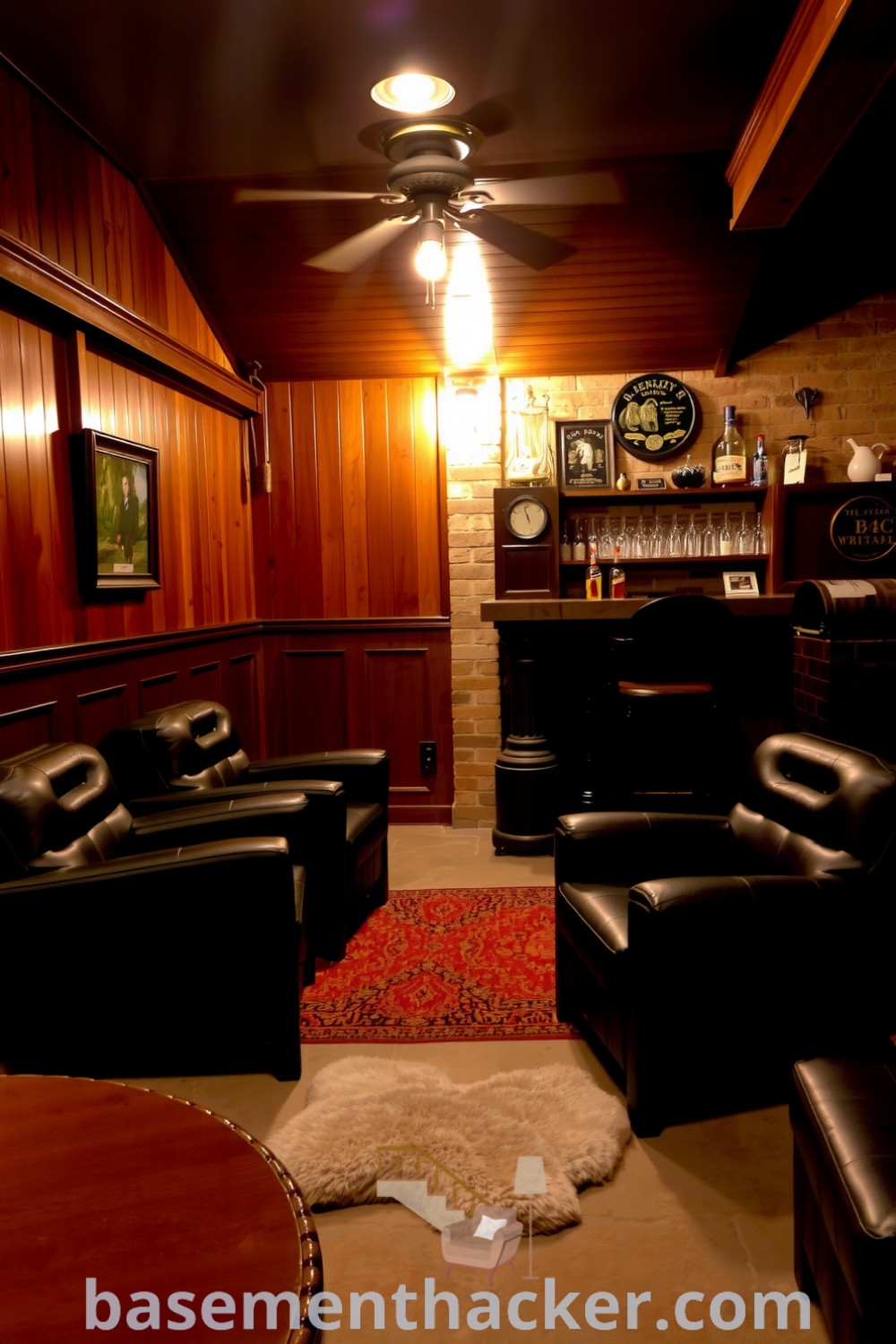 Cozy and inviting basement whiskey lounge featuring rich wooden panels, exposed brick, dark leather armchairs, and a well-worn bar, ideal for stylish bonus space design ideas, found on basementhacker.com.